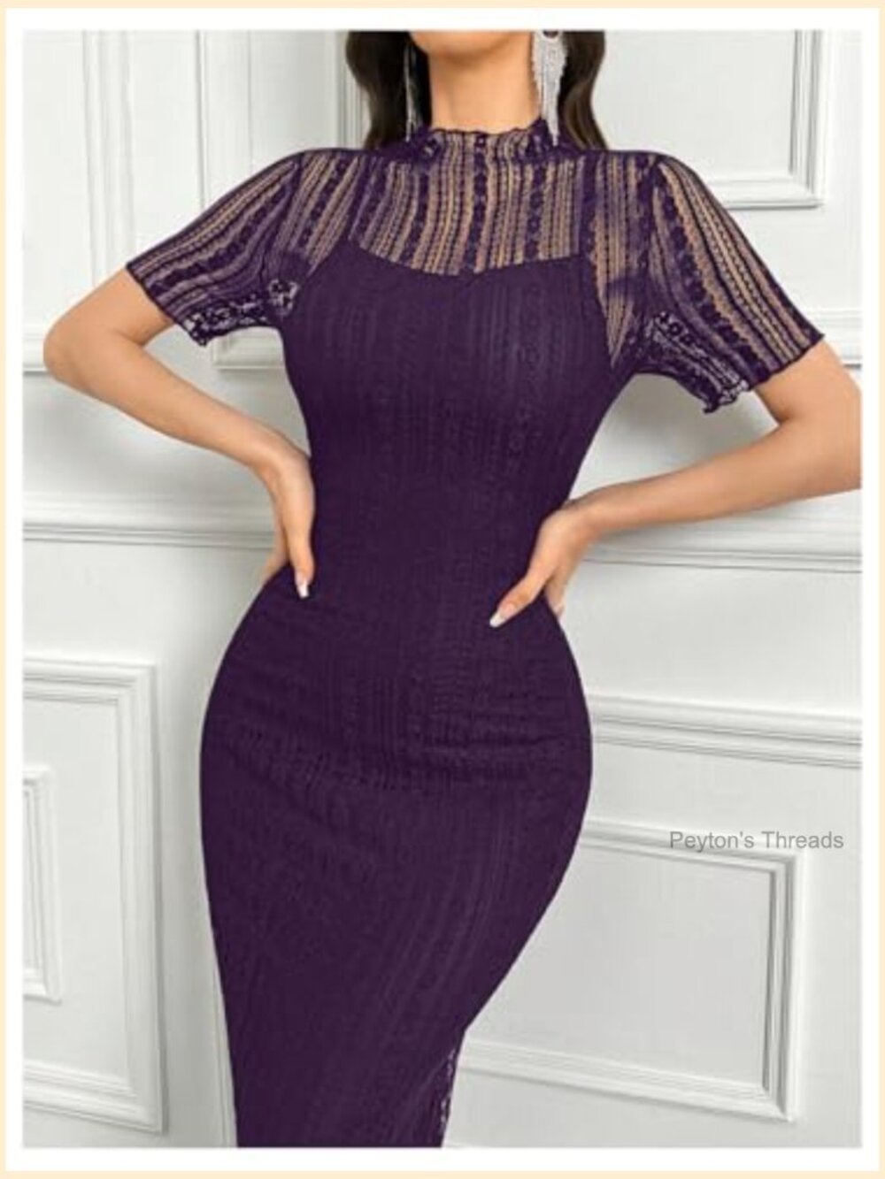 Contrast Lace Mock Neck Mesh Short Sleeve Pencil Midi Dress with Slit - Picture 4 of 5